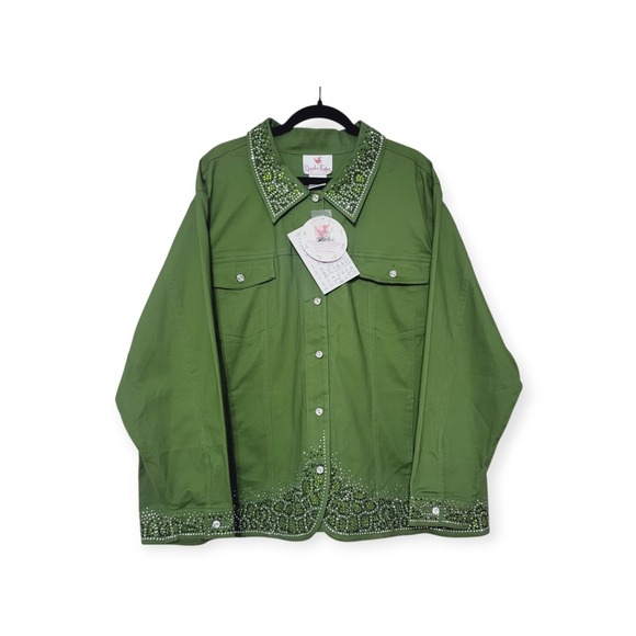 QUACKER FACTORY Plus 3X NWT Green Rhinestone Embellished Stretch Cotton Jacket - Picture 4 of 11